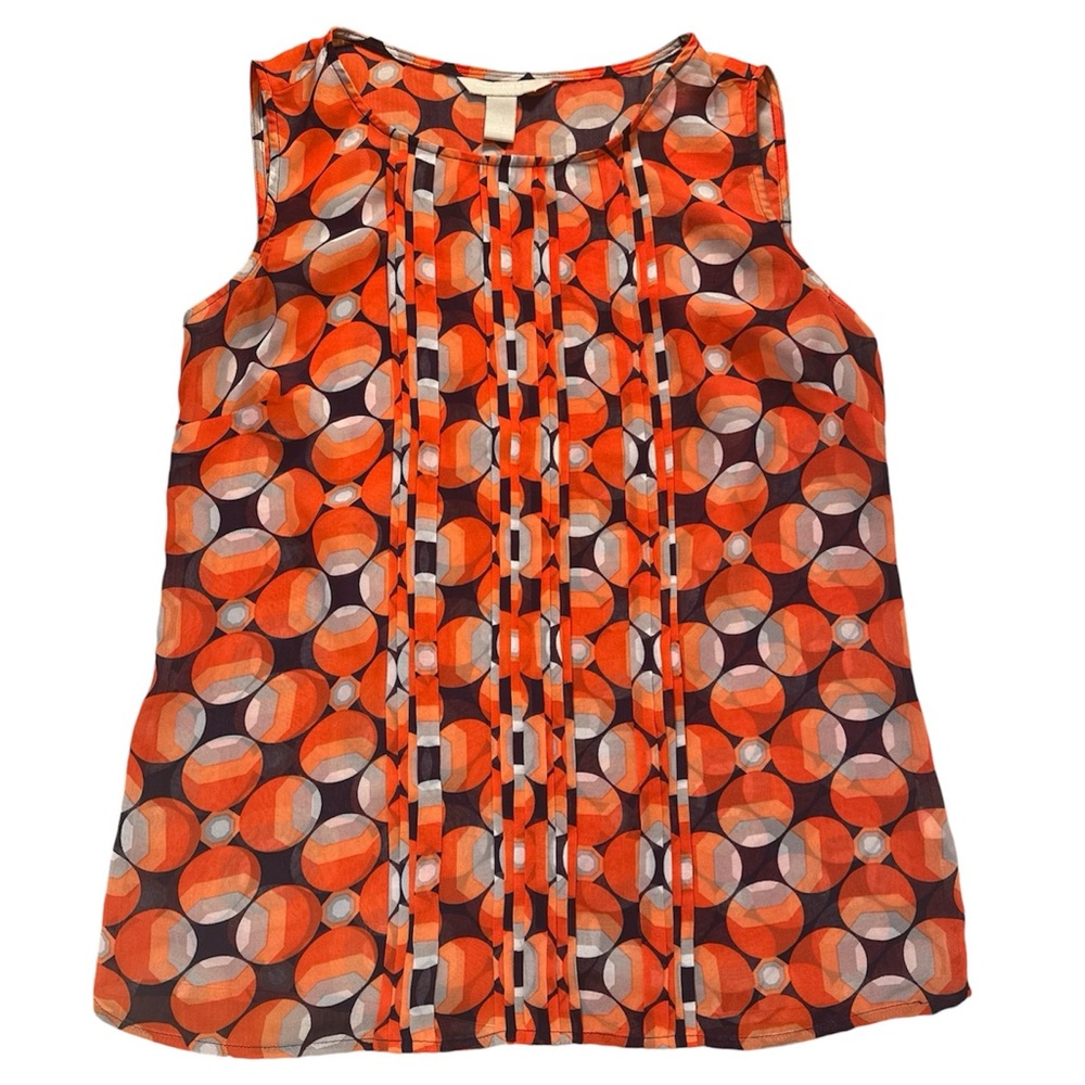 Banana Republic Retro Top Size S Geo Print Sheer Sleeveless Orange Red Navy